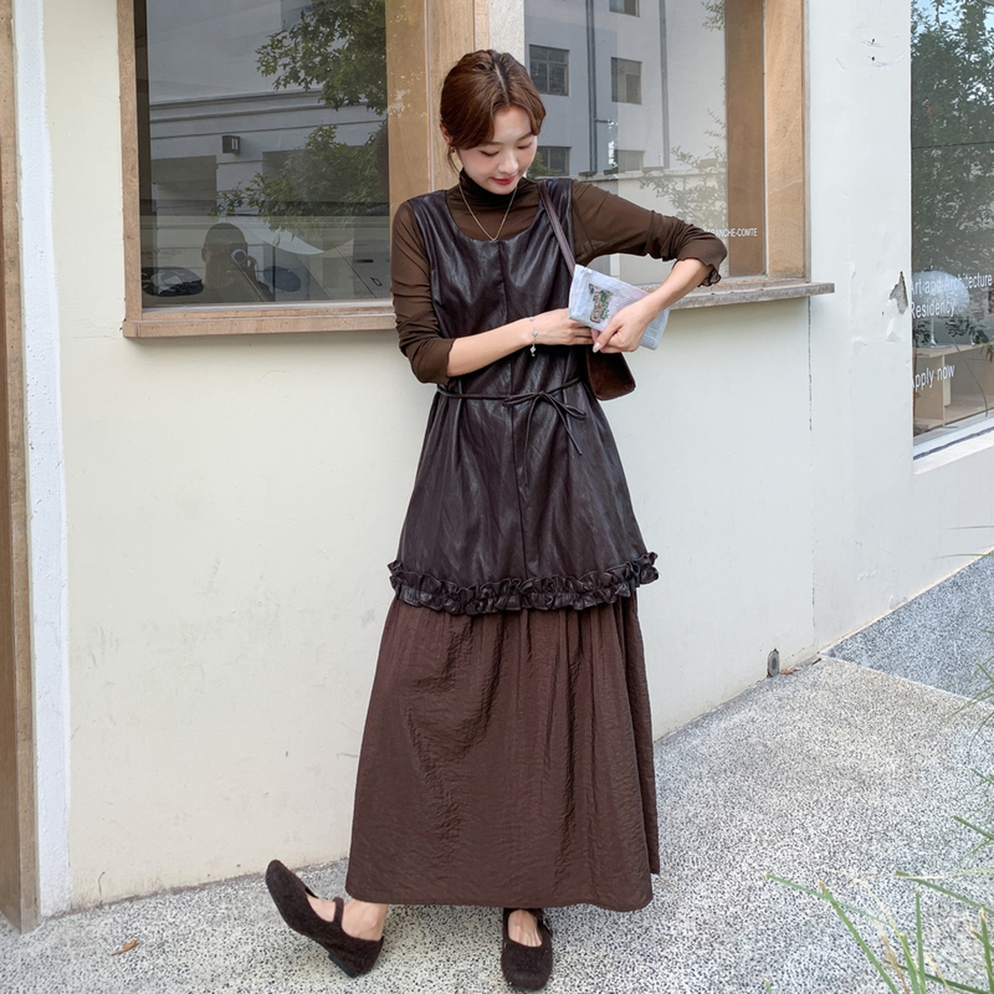 法式复古甜酷风皮衣拼接假两件连衣裙套装早秋新款打底衫两件套