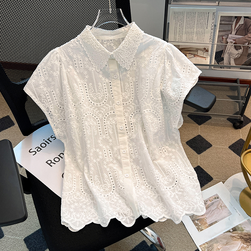 法式甜美钩花镂空翻领蕾丝衬衫2025夏季新款设计感别致上衣女小衫