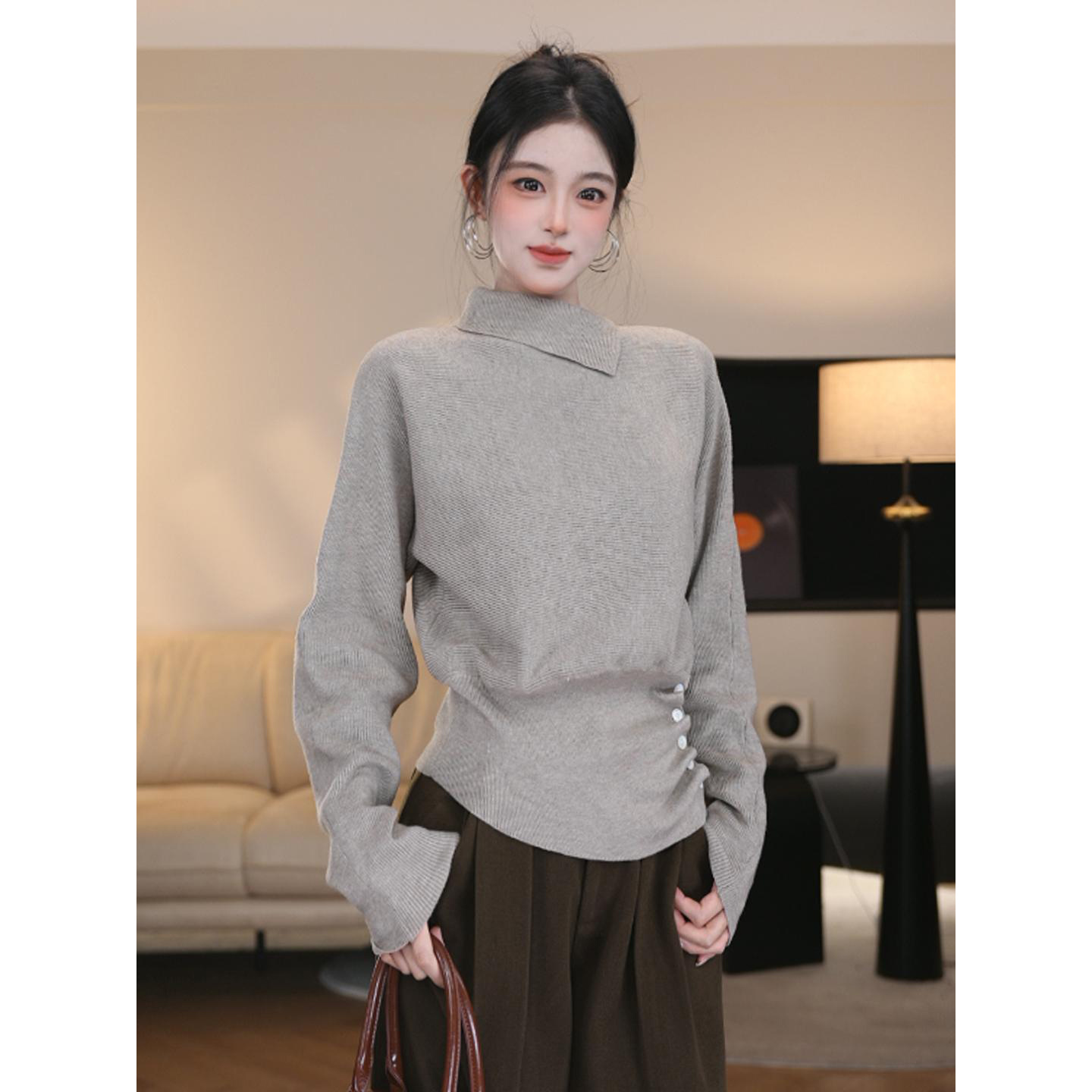 莫代尔秋冬打底设计感高领修身毛衣女长袖洋气上衣百搭显瘦针织衫