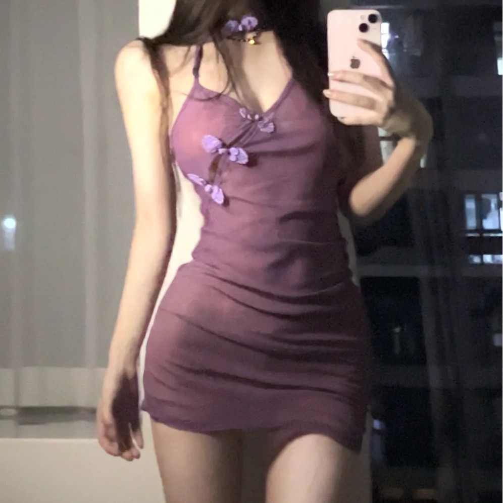 紫色内衣性感小胸旗袍装2025新款约会调睡衣女
