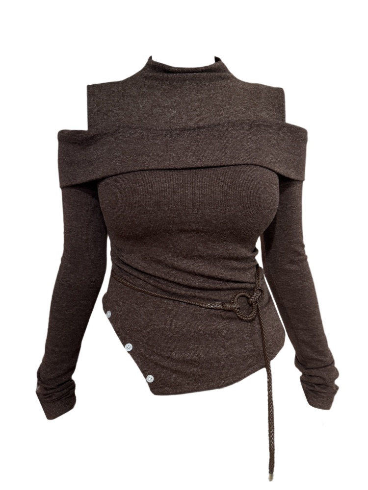 Amy家 胖mm不规则露肩打底衫女秋冬内搭针织衫假两件显瘦辣妹上衣