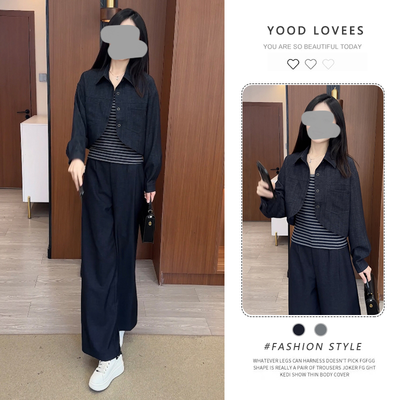 时尚休闲套装女士春秋新款小个子短外套条纹背心阔腿裤减龄三件套