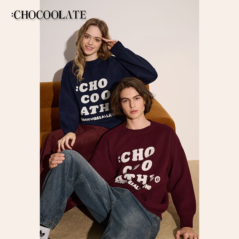 ：CHOCOOLATE实体店同款冬季立体字母毛圈刺绣圆领情侣长袖毛衣