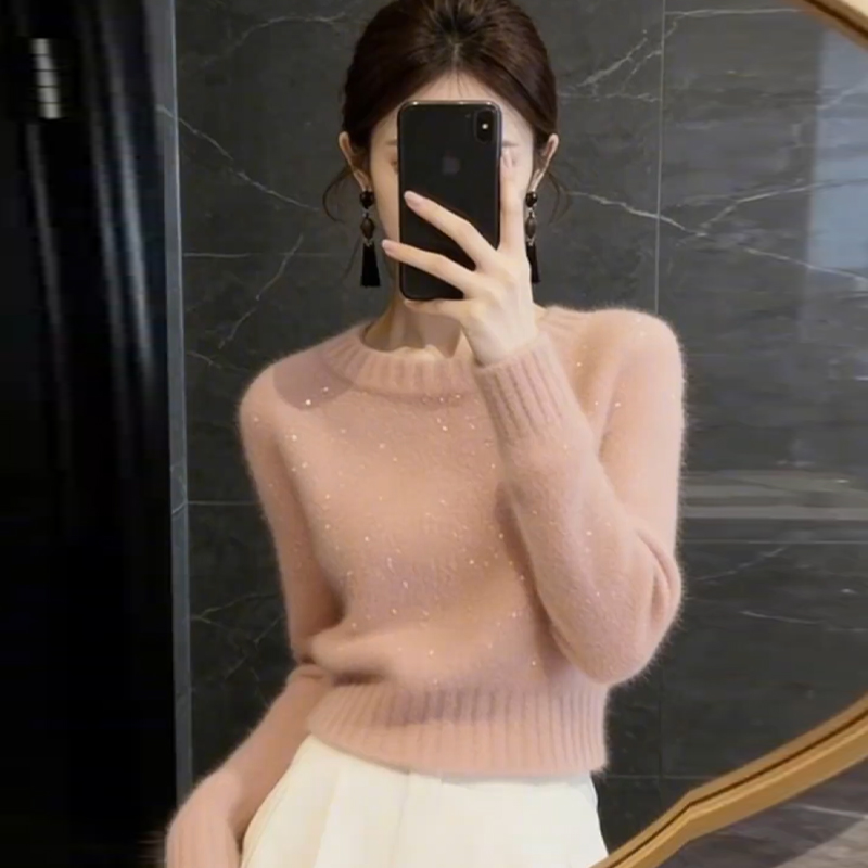 韩系粉色亮片短款针织衫女款冬季漂亮高级感厚款套头毛衣厚款上衣