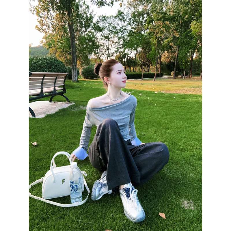 早秋季新款修身显瘦网红穿搭露肩上衣休闲简约时尚直筒长裤套装女