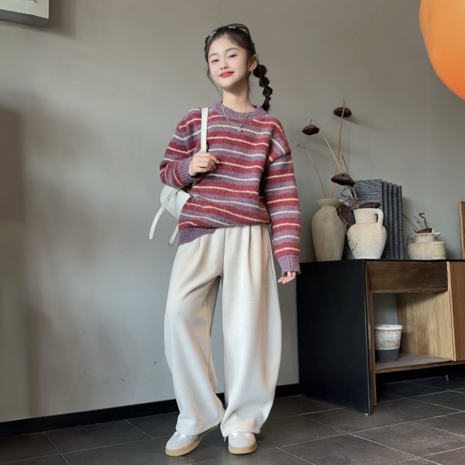 女童冬季新款韩系撞色条纹毛衣休闲洋气加绒弯刀裤两件套