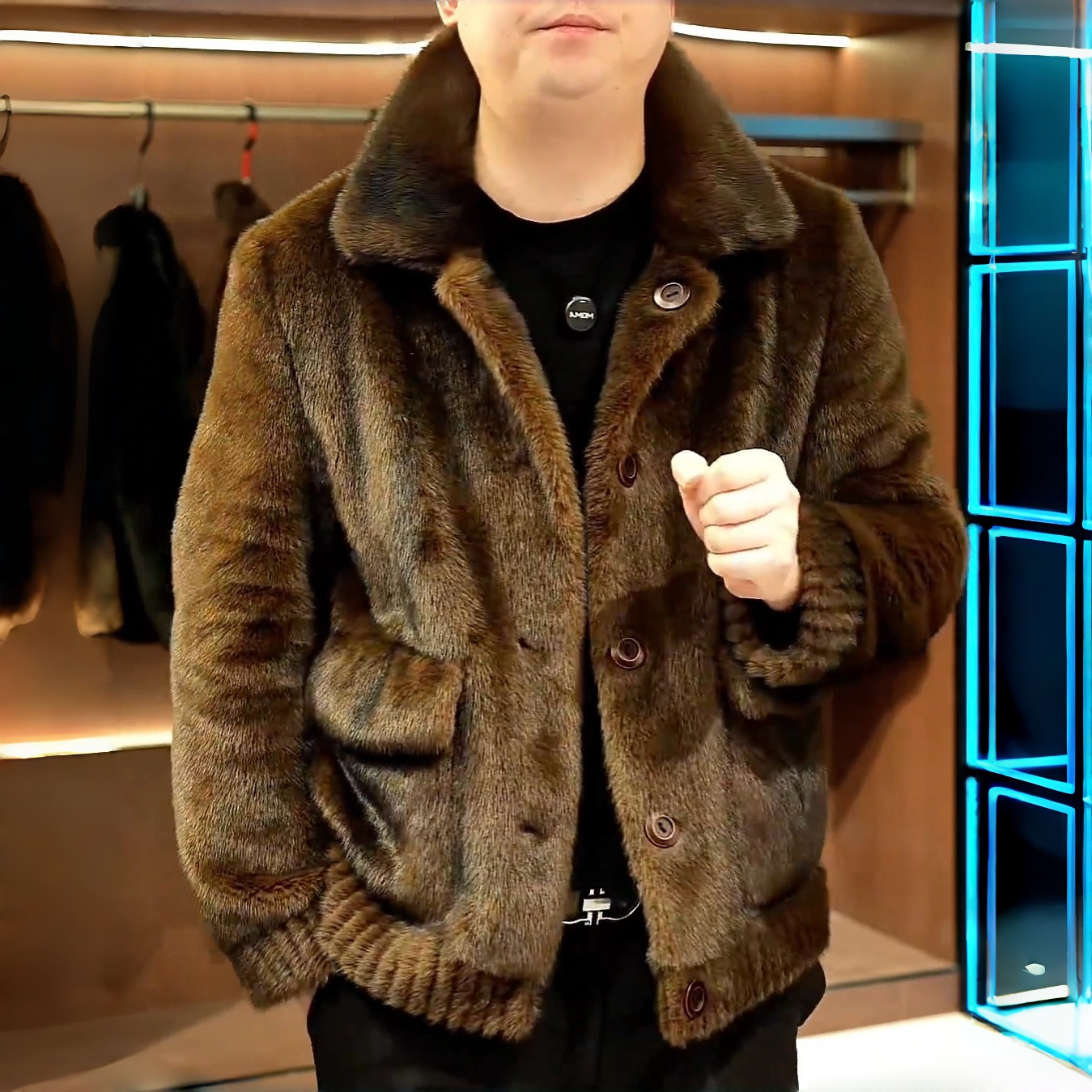 2025新款男冬装仿皮毛外套保暖翻领高档皮夹克双面毛绒时尚660582