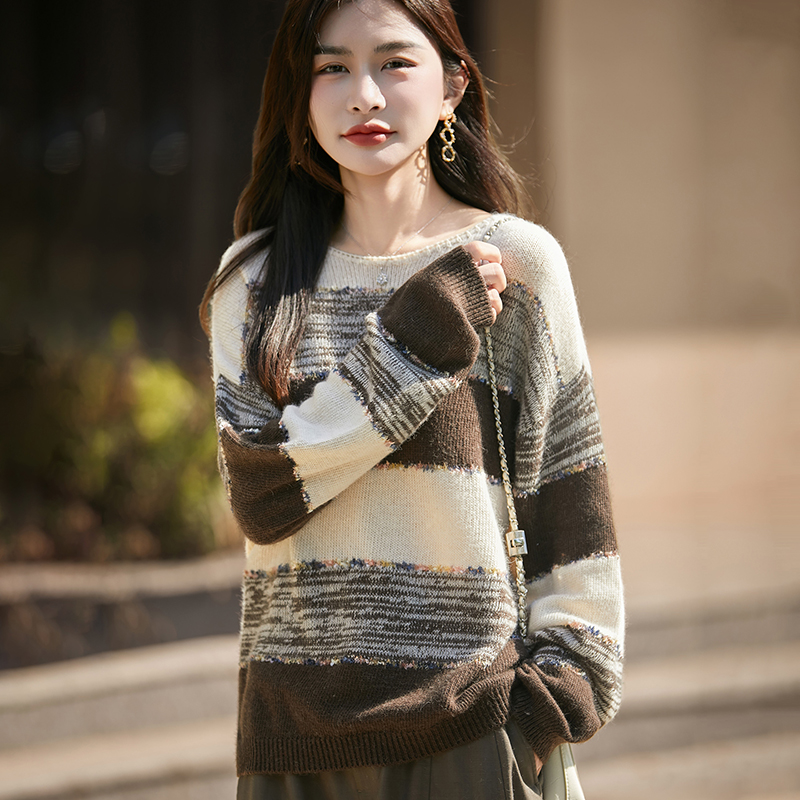 法式复古撞色条纹针织衫女2025新宽松显瘦保暖内搭外穿打底衫毛衣