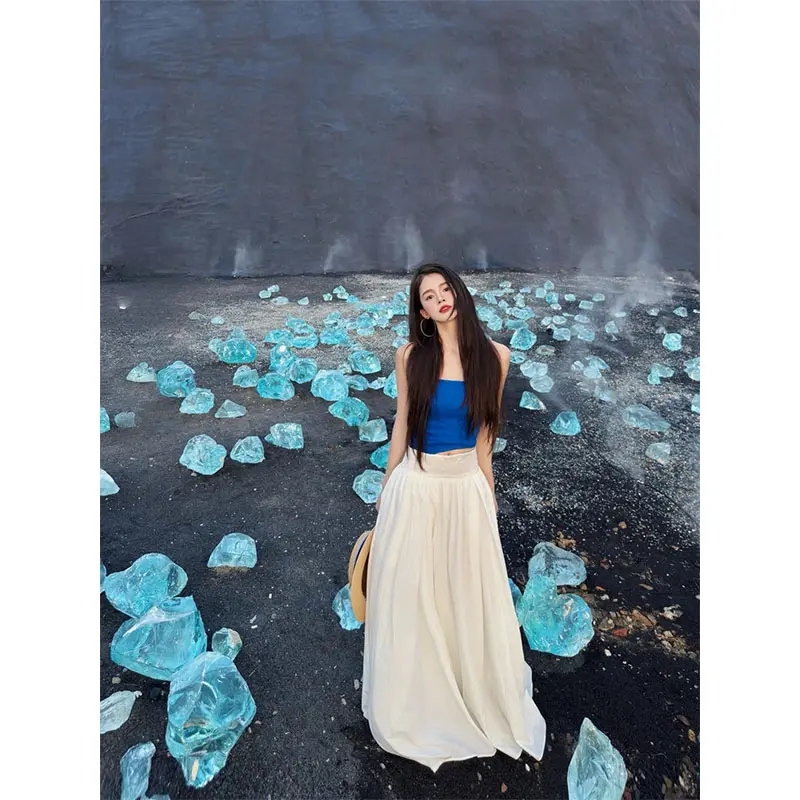 洋气衣服女高级感小众蓝色无袖裹胸上衣高腰显瘦半身裙长裙套装