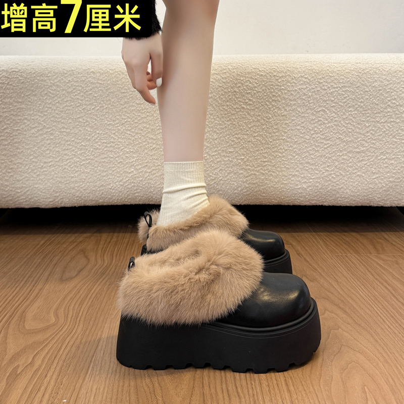 7cm真毛~防水皮面加绒勃肯棉拖鞋女2025冬新款增高厚底毛毛雪地靴