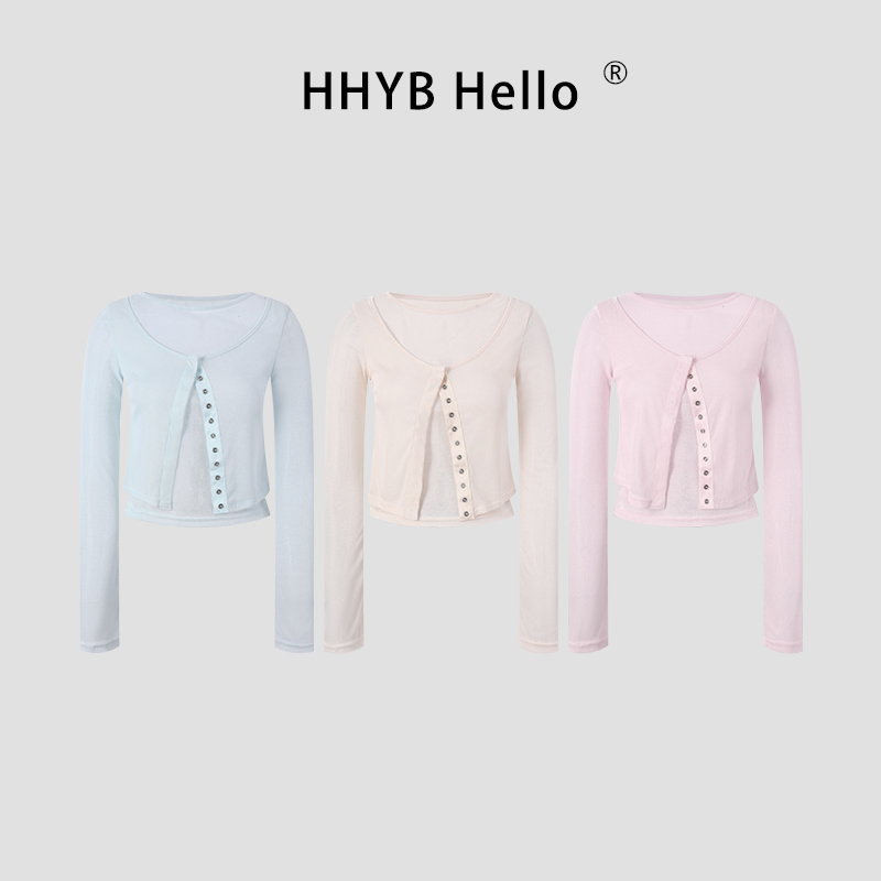 HHYB Hello圆领薄款假两件长袖T恤2025新款设计感百搭上衣250538