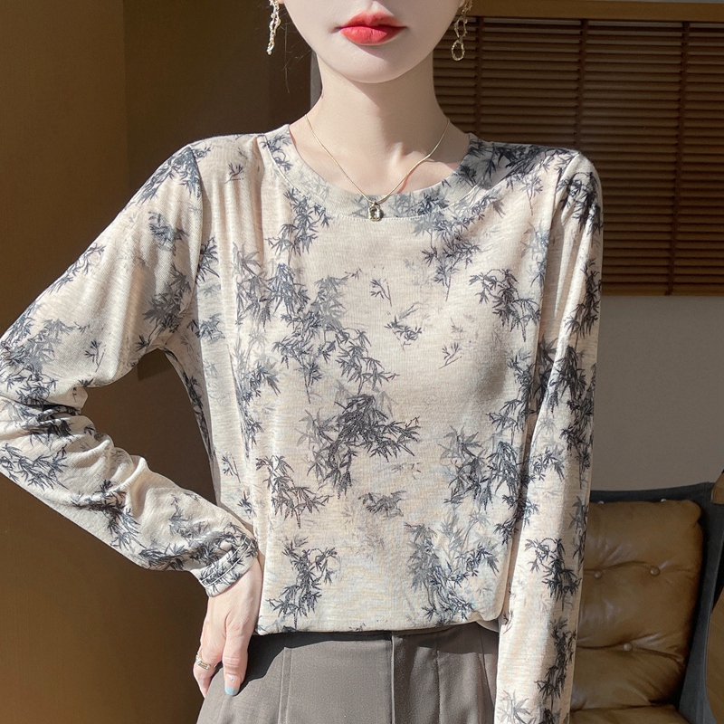 新中式打底衫春秋薄款超轻薄针织国风墨画宽松显瘦遮肉时尚百搭