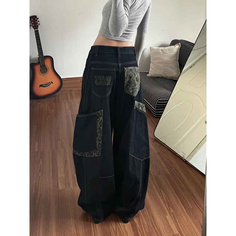 【免费试穿】美式复古豹纹拼接牛仔裤男女秋冬新款设计感拖地阔腿裤