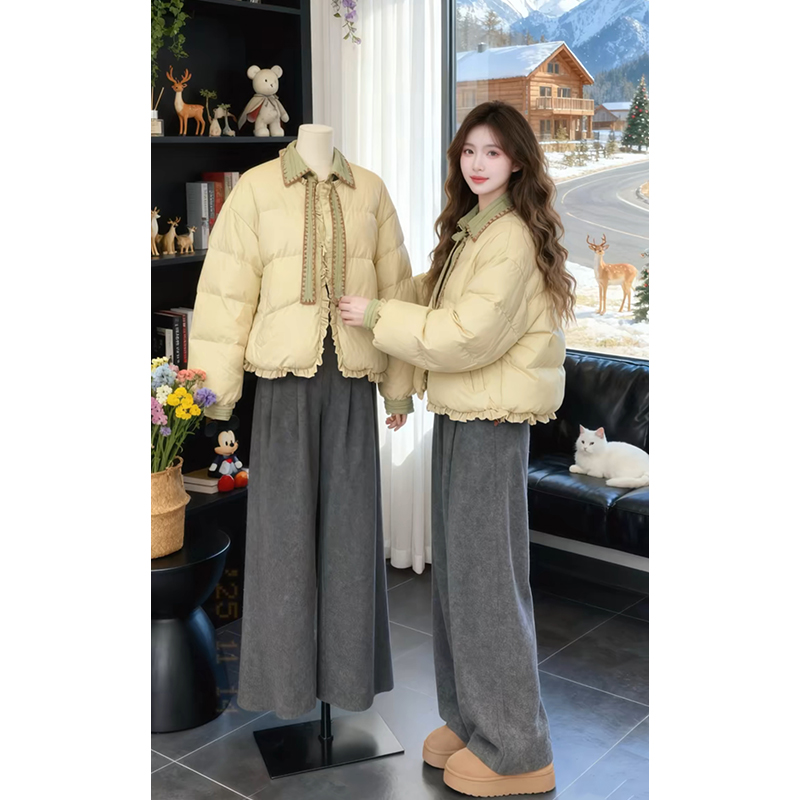 韩系温柔奶黄棉服爆款2025冬季雪天探店松弛感短款撞色外套女装
