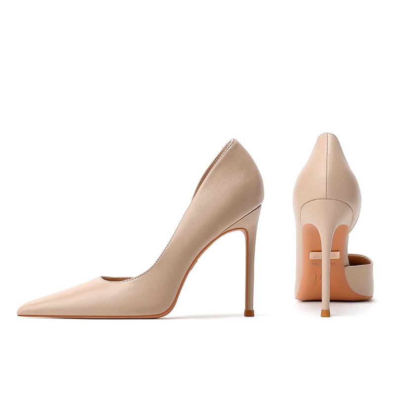 【羊皮】职业OL通勤黑色软皮侧空尖头单鞋女气质裸色高跟鞋女细跟