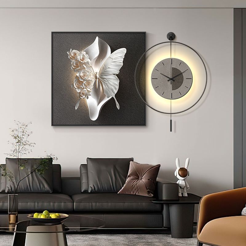 新款黑白灰餐厅装饰画现代轻奢高级感餐桌背景墙钟表挂画组合壁画