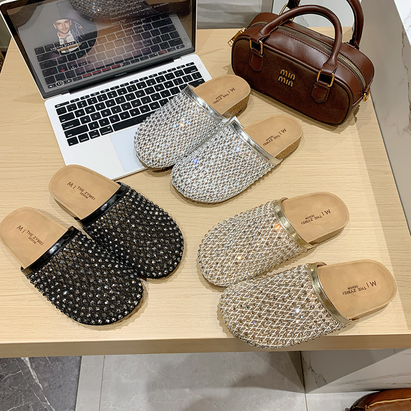 厚底网面水钻包头半拖鞋女2025夏季新款外穿懒人一脚蹬沙滩凉拖鞋
