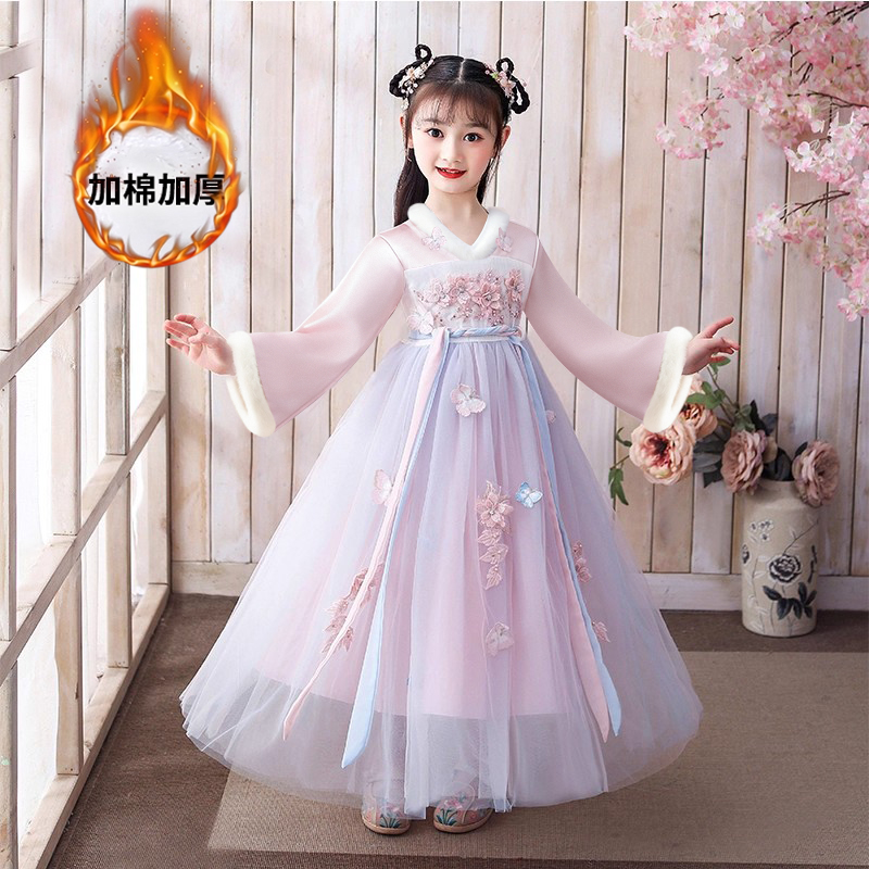 汉服女童连衣裙冬季加厚2025新款超仙儿童装女孩高端古风唐装古装