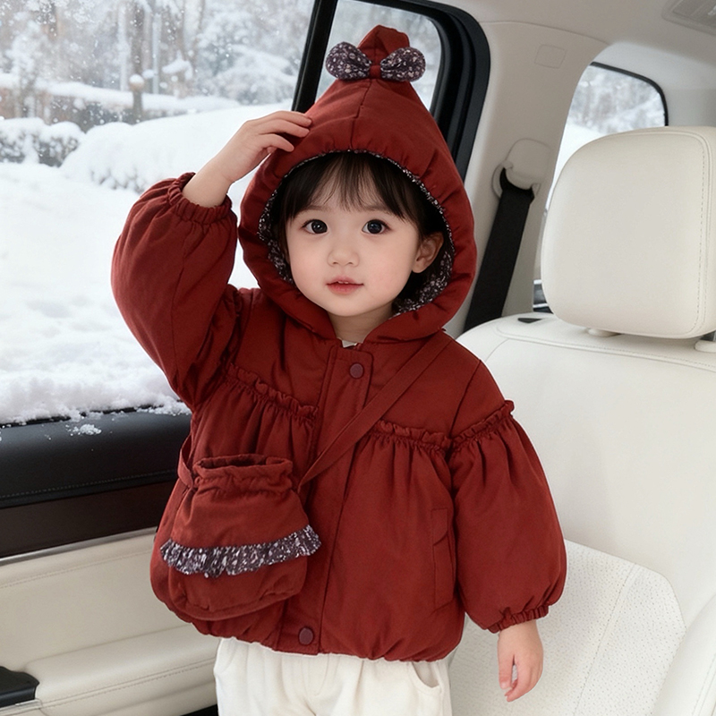 2025新款女童连帽外套秋冬装加厚保暖棉服韩版洋气女宝红色加绒潮