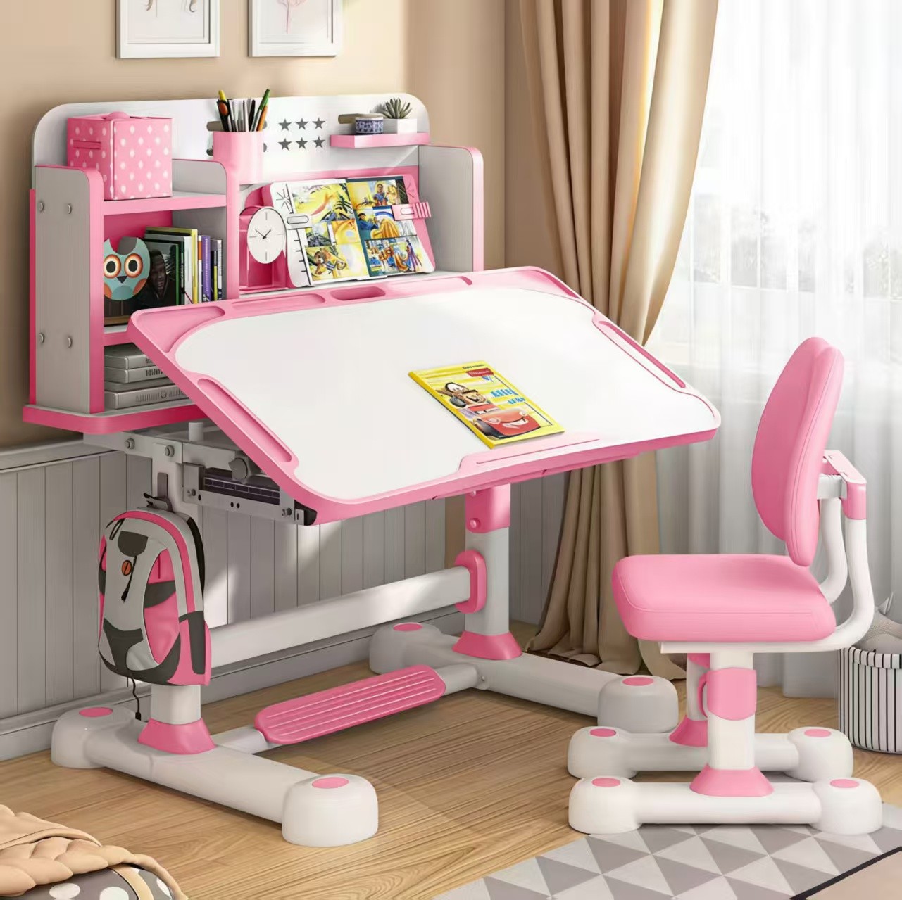 【工厂直销】可升降矫姿护脊儿童学习桌椅子书架写字桌作业桌写字台