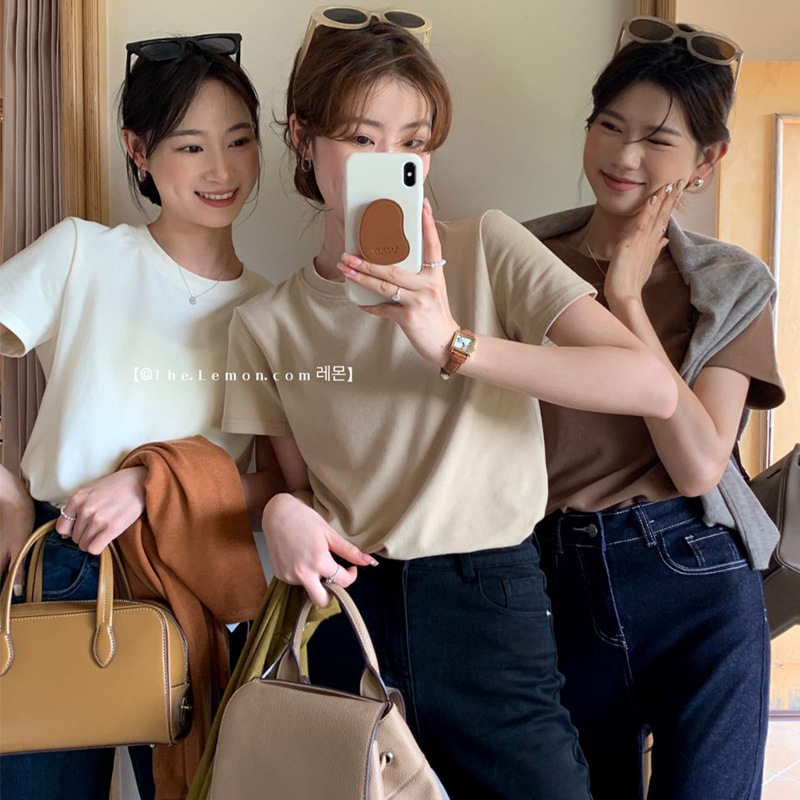 短袖t恤女正肩显瘦时尚洋气圆领韩系百搭显白纯色ins女士短袖新款