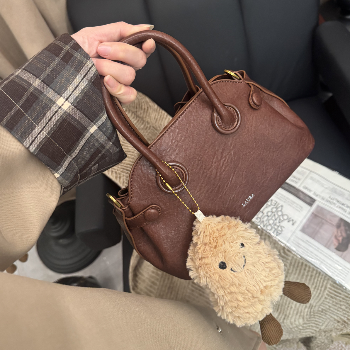 秋冬慵懒感手提包韩系复古小包小众设计百搭女包包带挂件50091