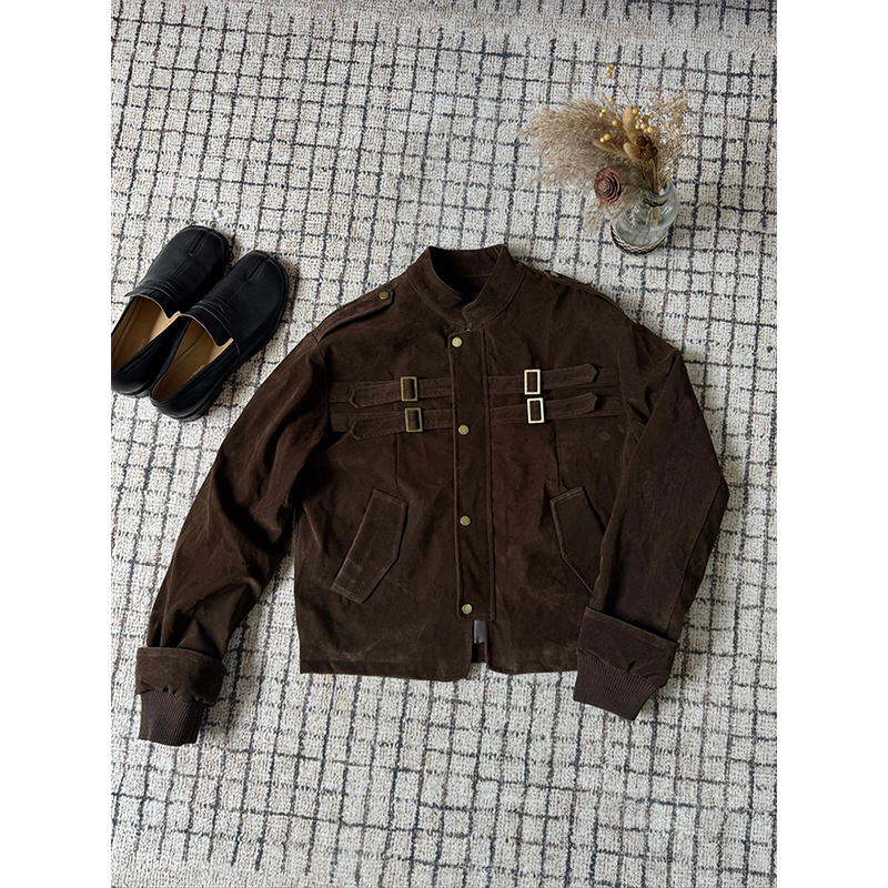 秋季新款咖色拼接设计感立领夹克上衣美式复古百搭纯色休闲外套女