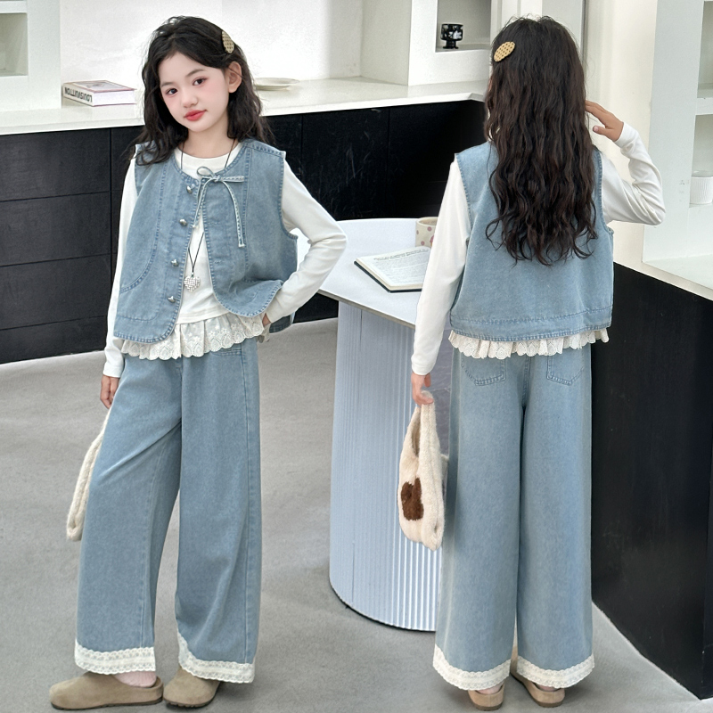 女童秋装套装2025新款儿童韩版洋气女大童时尚牛仔三件套潮浅秋