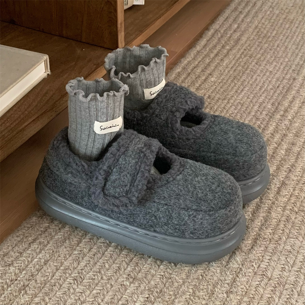 细细条 秋冬可爱法式面包鞋厚底魔术贴豆豆保暖加绒棉鞋防滑女士