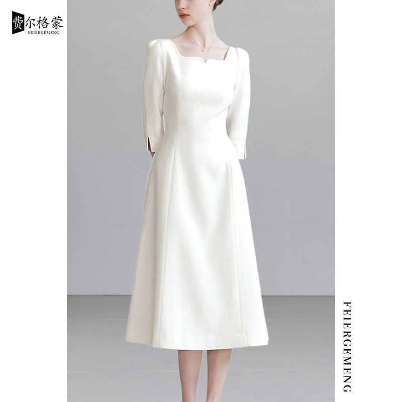 法式气质高腰白色连衣裙春夏新款小白裙显瘦女装长裙女士复古裙子