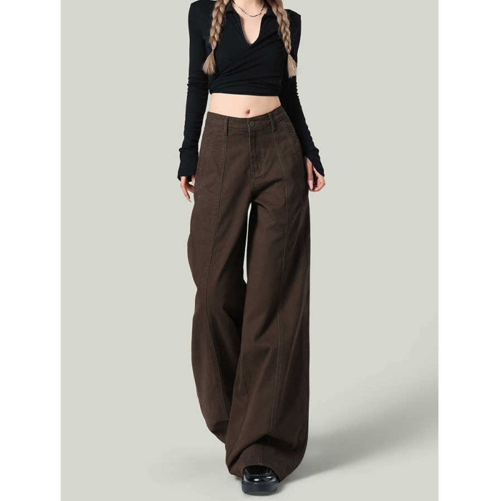 美拉德咖色阔腿牛仔裤女2025冬季设计感复古高腰宽松梧桐直筒裤子