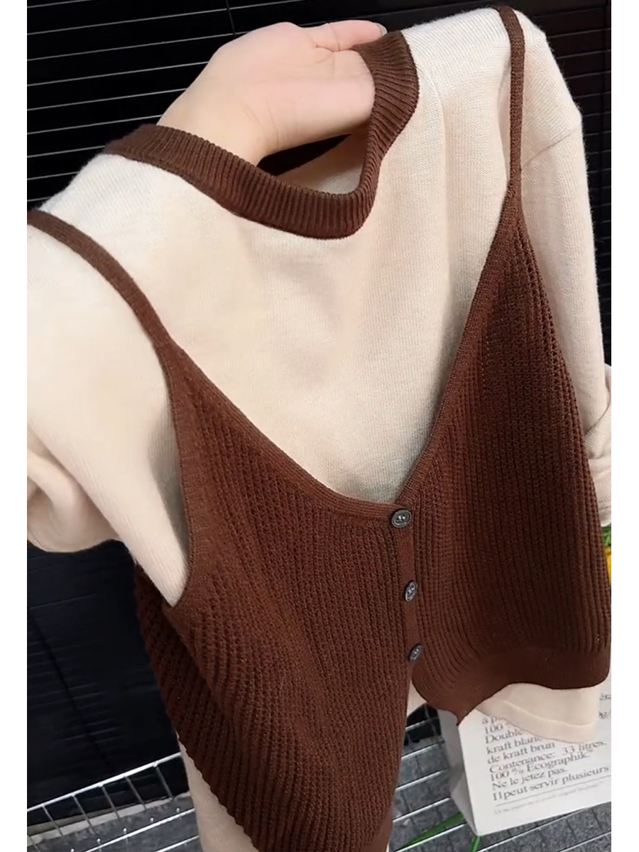 长袖圆领拼色假两件女2025早秋简约时尚百搭休闲减龄显瘦显白小衫