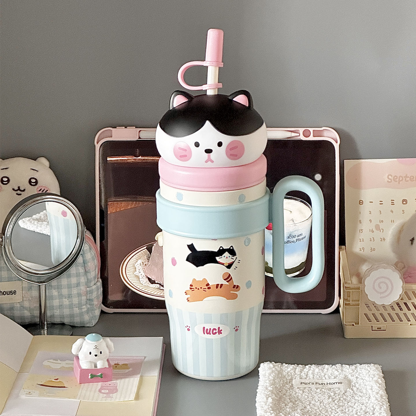 英国 Coop Koop「可爱小猫」巨无霸保温杯女大容量吸管水杯不锈钢