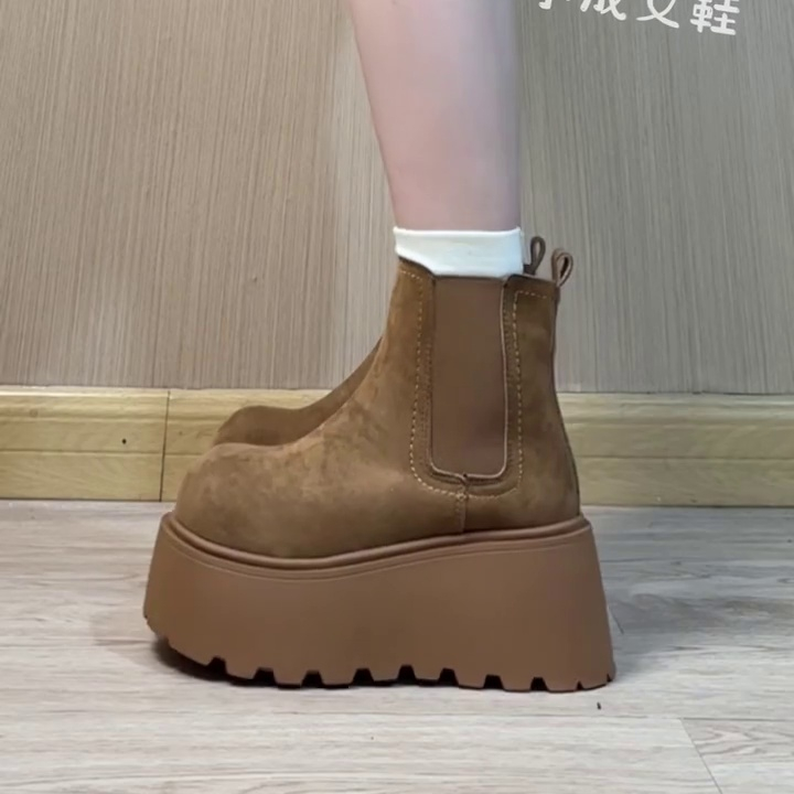 欧洲站厚底松糕切尔西靴子女鞋子增高马丁靴磨砂时尚烟筒靴短靴潮