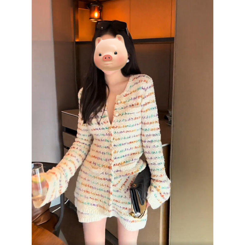 巨好看的早秋韩系ootd穿搭一整套小香风针织开衫半身裙子两件套装