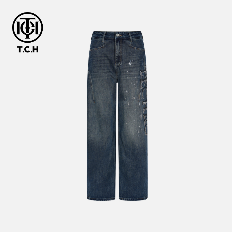 TCH【直筒牛仔】私服秋季烫钻时尚女牛仔裤T75D20E1006轻奢tch