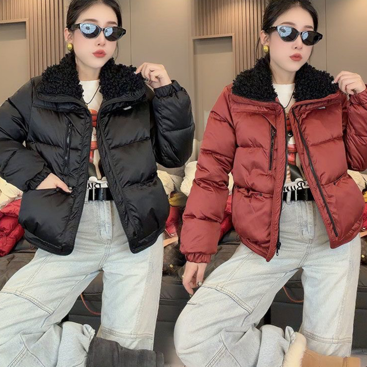 1118欧货大毛翻领女冬季新款时尚显瘦加厚保暖棉衣外套