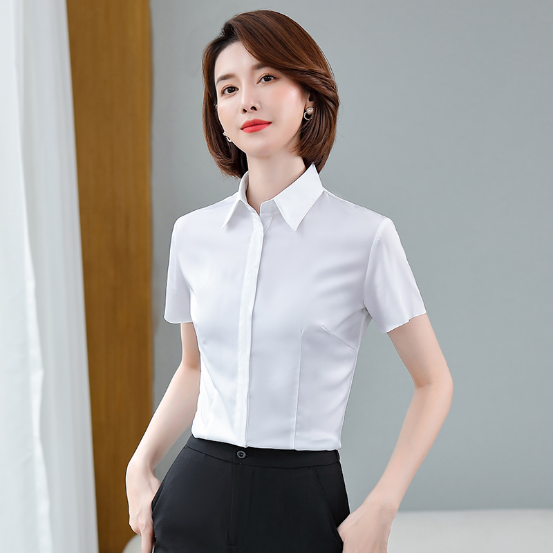 方领暗扣白色衬衫女短袖职业装面试正装夏季韩版商务ol衬衣工作服
