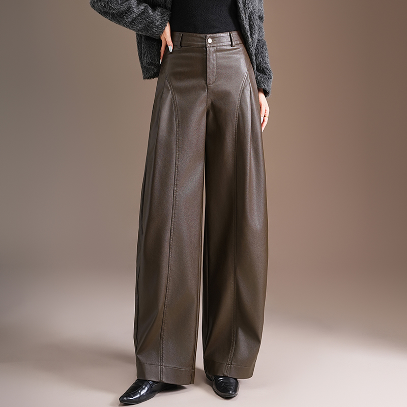 2025新款秋冬高腰加厚PU皮阔腿裤女宽松显瘦弯刀裤休闲长裤百塔