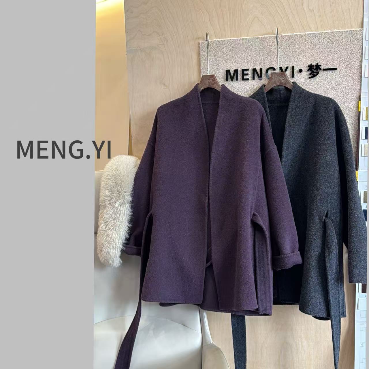 MENG.YI双面羊毛腰带V领大衣外套 5336