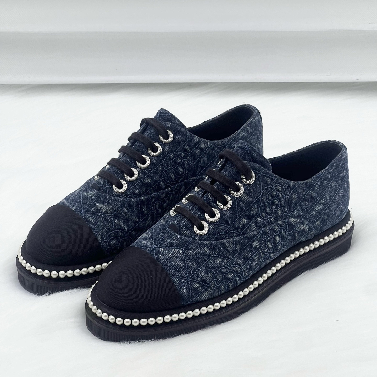 99新 Chanel/香奈儿 单宁蓝珍珠乐福鞋 38.5码 公价1w cd017