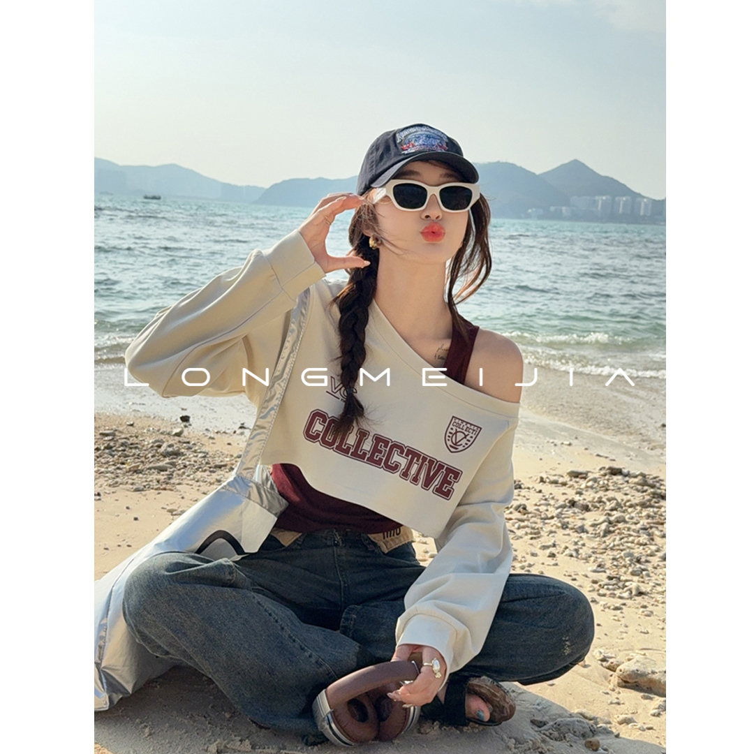 新短款斜肩长袖T恤女套装2025春夏季穿搭卫衣吊带露肩独特小上衣