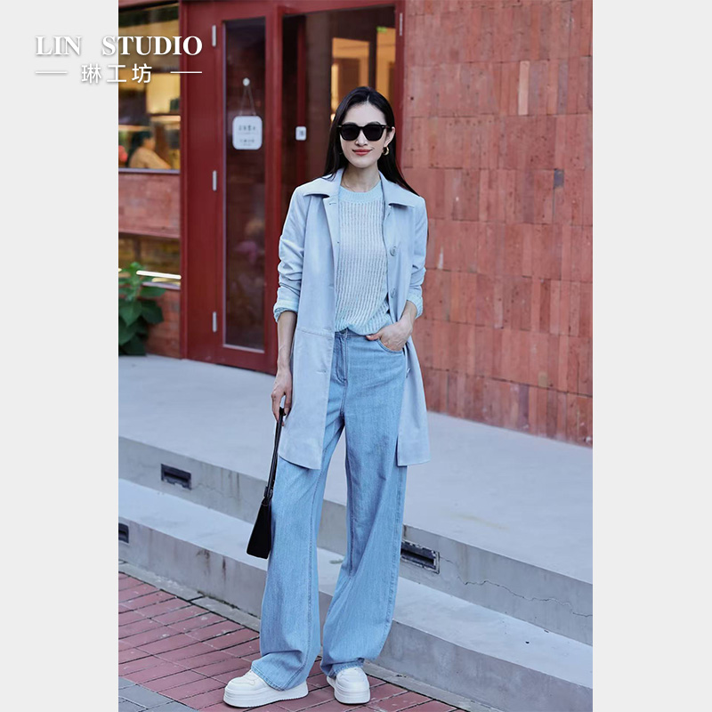 【粉丝回馈款】琳工坊“埋香”蓝色风衣气质干练利落时尚唐琳设计师
