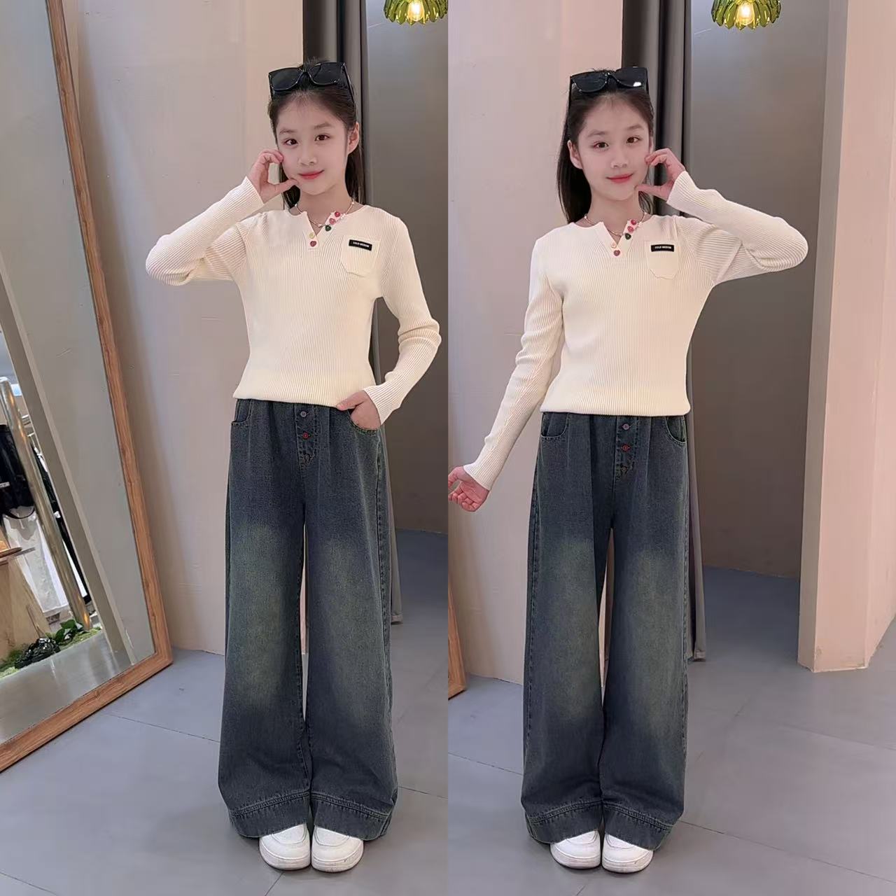 女童春秋长袖打底衫套装彩扣阔腿裤休闲百搭中大童裤子套装
