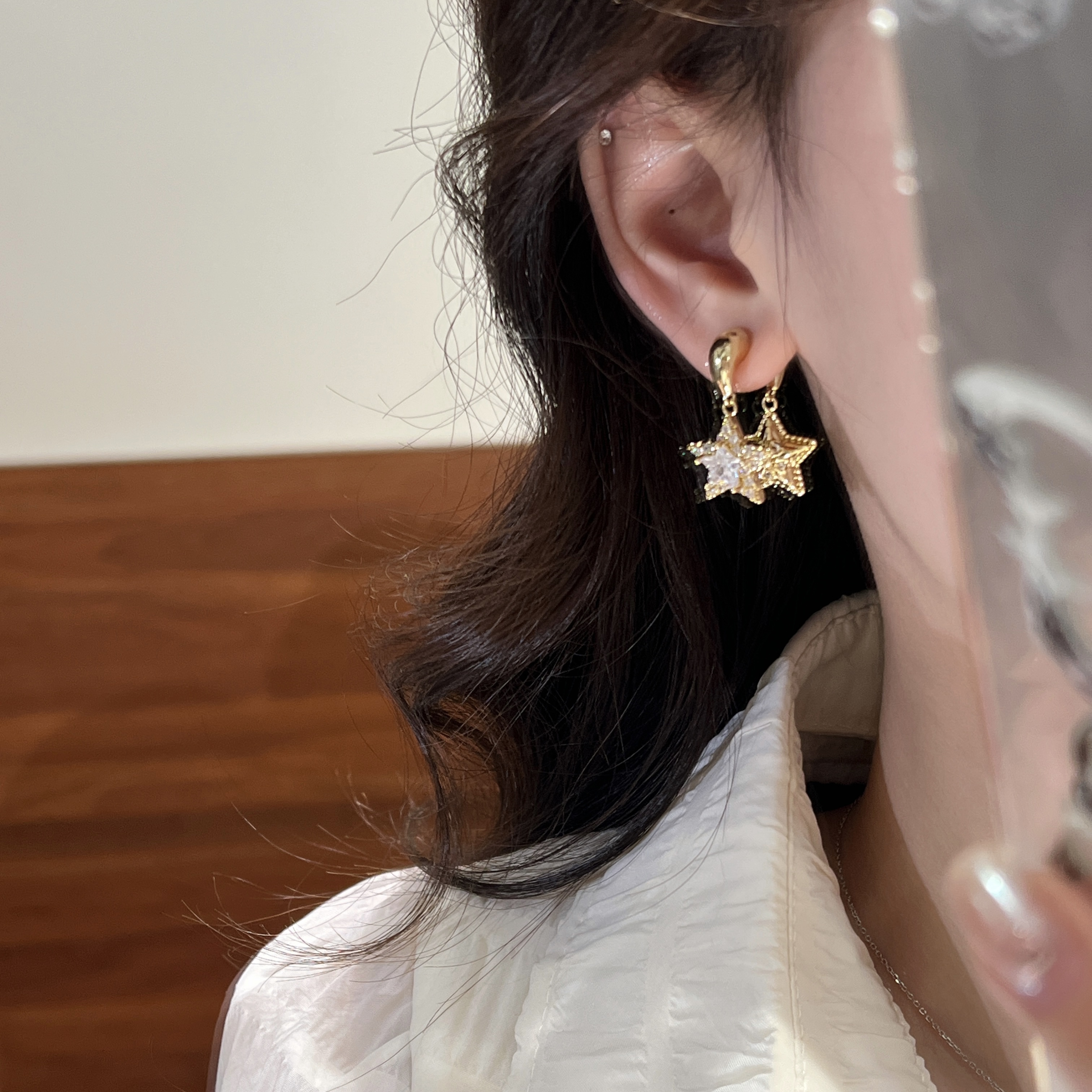 铜合金锆石耳饰 古早感多戴法耳饰双面闪钻五角星星耳环Y2K设计感