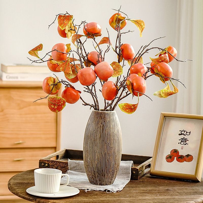 仿真柿子装饰摆件柿柿如意树枝绿植高档年宵干花花束客厅插花摆设