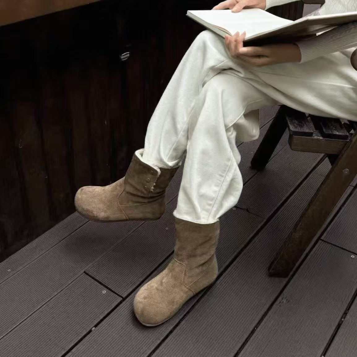 CHIBUBU【现货】冬季时尚羊羔毛增高堆堆靴中筒保暖百搭两穿雪地靴