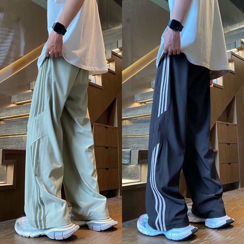 条纹速干冰裤子夏季薄款宽松阔腿运动裤潮牌美式青少年休闲裤长裤