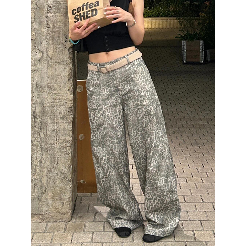 美式复古做旧水洗豹纹牛仔裤女秋季辣妹慵懒松弛感时髦拖地弯刀裤