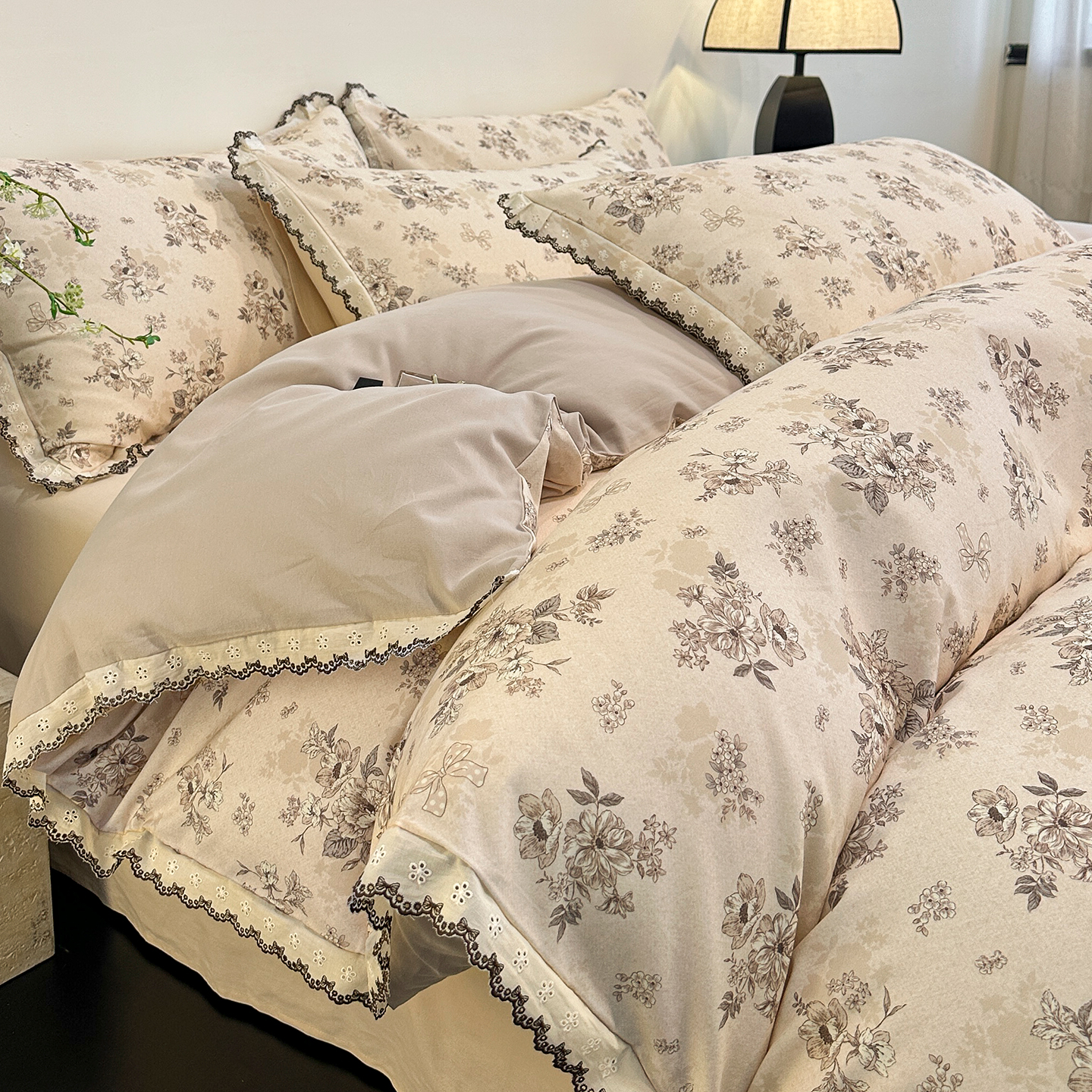 A类全棉磨毛床上四件套中古风小碎花轻奢纯棉床品被套床单三件套